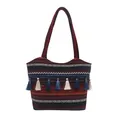 Borsa tote jacquard etnica con motivi geometrici bohémien e nappe colorate - Rosso