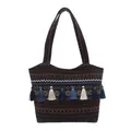 Borsa tote etnica bohémien blu scuro con strisce colorate e nappe decorative - Blu