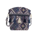 Borsa a secchiello boho blu navy con motivo jacquard geometrico e nappe colorate - Modello 4