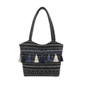 Borsa tote bohémien a righe bianche e nere con nappe colorate e dettagli etnici - Nero