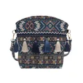 Borsa a secchiello etnica bohémien blu scuro con motivi jacquard, nappe e tracolla - Stile 1
