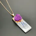 Macro view of natural gypsum stone pendant with purple crystal clusters and gold chain - Purple (Pendant Only Without Chain)