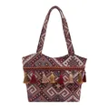 Grande borsa tote etnica con motivi geometrici tessuti e nappe decorative colorate - Bordeaux Geometrico (Stile 4)
