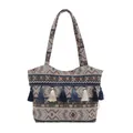 Borsa tote boho con motivi etnici geometrici intrecciati e nappe decorative colorate - Crema Blu Geometrico (Stile 1)