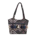 Borsa tote etnica intrecciata con motivi geometrici e nappine in blu e beige - Blu Scuro Geometrico (Stile 3)