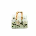 Miniature blue aventurine crystal handbag pendant with golden handle on white background - Tianshan Blue