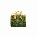 Mini handbag sculpture made of dark green natural agate stone with gold metal handle - Hawk Eye Stone