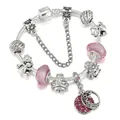 Bracciale a catena serpente in argento con perle di cristallo rosa, orsetti e ciondolo piuma - 16cm / Perline di Vetro Rosa Charms Orso (Stile Due)