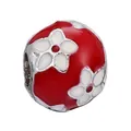Perle de fleur DIY en émail rouge avec motifs floraux blancs pour création de bijoux - Style floral rouge et blanc