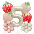 Detail view of number 5 cream balloon with strawberry and daisy foil party decorations - Number Five Theme Style