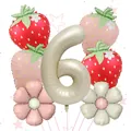 Macro view of 7pcs party balloon set with number 6 strawberry and daisy foil shapes - Number Six Theme Style