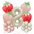 Detail of strawberry and daisy foil balloon set with a gold number 8 for birthday parties - Number Eight Theme Style