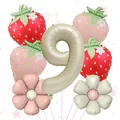 Detailed set of strawberry and flower foil balloons for a 9th birthday party celebration - Number Nine Theme Style
