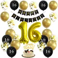 Complete 16th birthday party decoration set with gold number 16 balloons and banners - 16 Years Old Kit