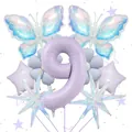 Detailansicht Lavendel Nummer 9 Ballon mit Laser Schmetterling und Gänseblümchen Deko - Nummer 9 Set