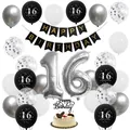Komplettes Deko-Set zum 16. Geburtstag mit schwarz-silbernen Ballons, Banner und Folienballon - Schwarz Silber 16. Geburtstag Thema