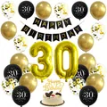 Macro detail of black and gold 30th birthday decoration set with balloons and banner - 30th Birthday Set