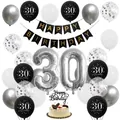 Deko-Set zum 30. Geburtstag mit silbernen Zahlenballons, schwarzen Bannern und Toppern - Schwarz Silber 30. Geburtstag Thema