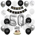 Schwarz-silbernes 50. Geburtstag Deko-Set mit Ballons, Bannern und Tortenaufsatz - Schwarz Silber 50. Geburtstag Thema