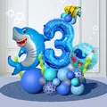 Detail of shark and number 3 balloon column for ocean-themed 3rd birthday party decoration - Shark Number Three Ocean Style