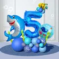 Ocean shark balloon set with large blue number 5 for kids 5th birthday party decoration - Shark Number Five Ocean Style