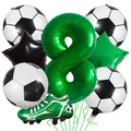 Soccer theme birthday balloon set featuring green number 8, cleats, and soccer ball foils - Number 8