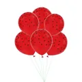 Dettaglio di sei palloncini in lattice anguria rossi con stampe di semi neri per feste - Semi di Anguria a Stampa Totale Rossi