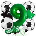 Soccer themed 9th birthday party balloon set featuring cleats and green foil number - Number 9