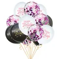 Detail of Team Bride balloons set with rose gold confetti and elegant printed graphics - White Black Hot Pink Confetti
