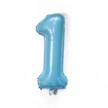 Detail of blue number 1 foil balloon with metallic finish and visible inflation valve - Number 1 / Candy Blue