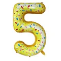 Close-up of a 40-inch number 5 foil balloon with yellow donut and candy sprinkle pattern - Number 5