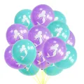 Detail of purple and teal latex balloons featuring white mermaid silhouettes for parties - Blue Purple
