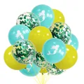 Detail of mermaid balloons with blue silhouettes, yellow latex, and green confetti decor - Sequin Green