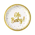 Dettaglio di piatto di carta bianco con scritta dorata Oh Baby e pois a foglia - Piatti di Carta da 9 Pollici (Confezione da 10)