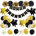 Classic black and gold birthday party set with balloons, banners, and paper flowers - Black Gold 1st Birthday Set