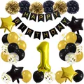 Black and gold 1st birthday party decoration set with balloons, banner and paper flowers - Black 1st Birthday Set Single Number