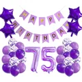 Purple themed happy birthday party decoration set with gold banner and foil number 75 balloons - Purple Birthday Set With Double Numbers