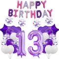 Detalle del set de globos de 13 cumpleaños púrpura y rosa con estrellas y látex - Estilo Número 13