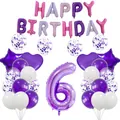 Detalle del set globos 6 cumpleaños morado con letras metálicas y estrellas corazón - Estilo Número 6