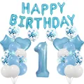 Blue and white 1st birthday balloons set including letters, number 1 and star shapes - Birthday Decoration Balloon Set (Single Digit)