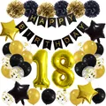 Black and gold 18th birthday party decoration set with balloons, banners and pom poms - Black Gold Birthday Set Double Number
