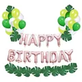 Kit fête jungle avec ballons Happy Birthday or rose et feuilles de palmier vertes - Thème d'Anniversaire Feuille de Monstera Or Rose
