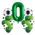 Detail view of soccer themed party set with green number 0 foil and latex balloons - Number 0