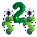 Close-up of football theme birthday set with green number 2 balloon and latex balloons - Number 2