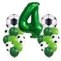 Detailed view of green number 4 balloon and soccer theme latex balloons for 4th birthday - Number 4