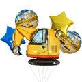 Set di 5 palloncini da cantiere con escavatore e stelle per decorazione festa a tema - Combo Palloncino Escavatore Stella Tondo B