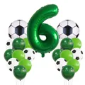 Close-up of green number 6 foil balloon with football printed latex balloons set - Number 6