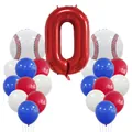 Baseball Party Ballonset mit großer roter Zahl 0 und runden Folienballons für Kinder - Nummer 0 Stil