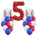 Baseball themed 5th birthday party balloon set with red number 5 and latex balloons - Number 5 Style