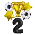 Detail of football balloon set with black number 2, golden trophy and star balloons - Trophy Stars Soccer And Number Style